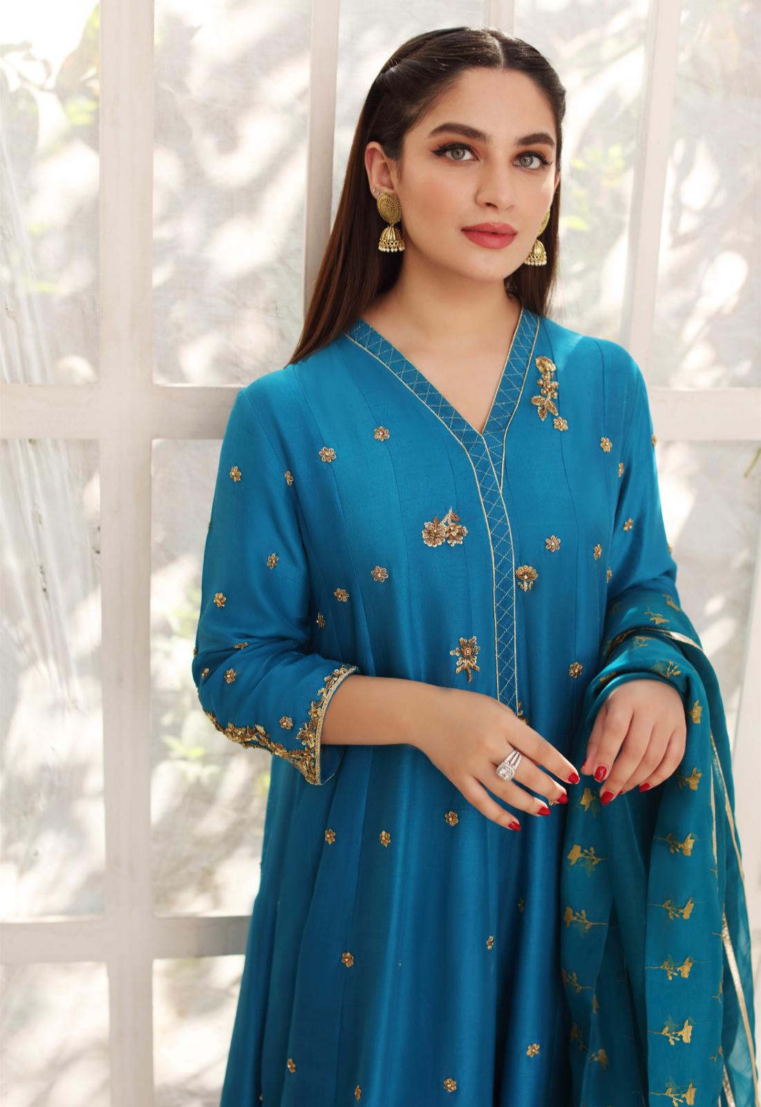 Peacock Blue Embroidered Pure Raw Silk Kalidaar (3-Piece) - Image 5