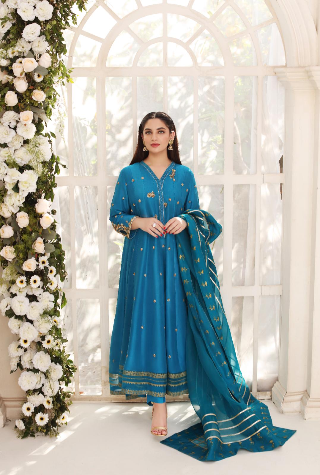 Peacock Blue Embroidered Pure Raw Silk Kalidaar (3-Piece) - Image 6