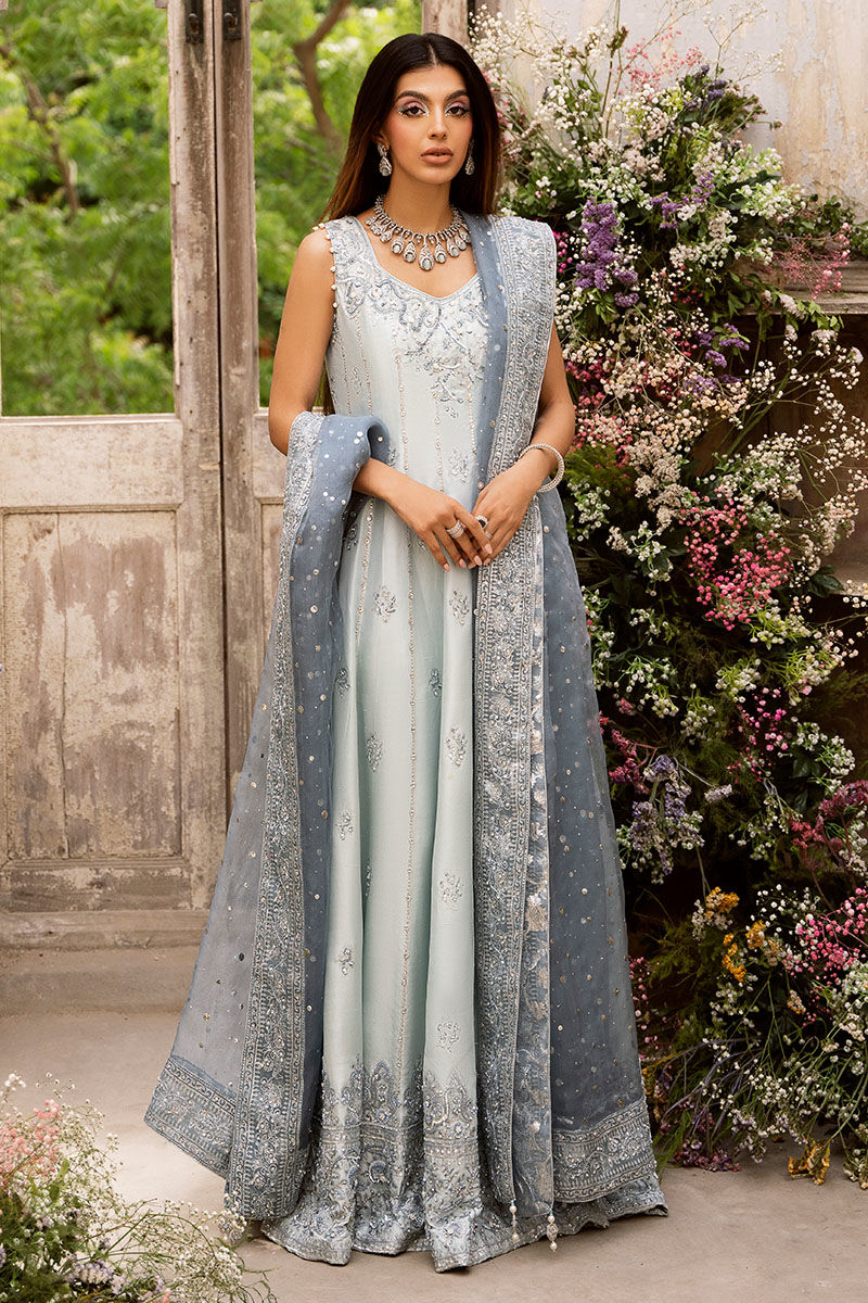 Pakistani Light Blue Embellished Raw Silk Kalidar (2-Piece) - Image 1