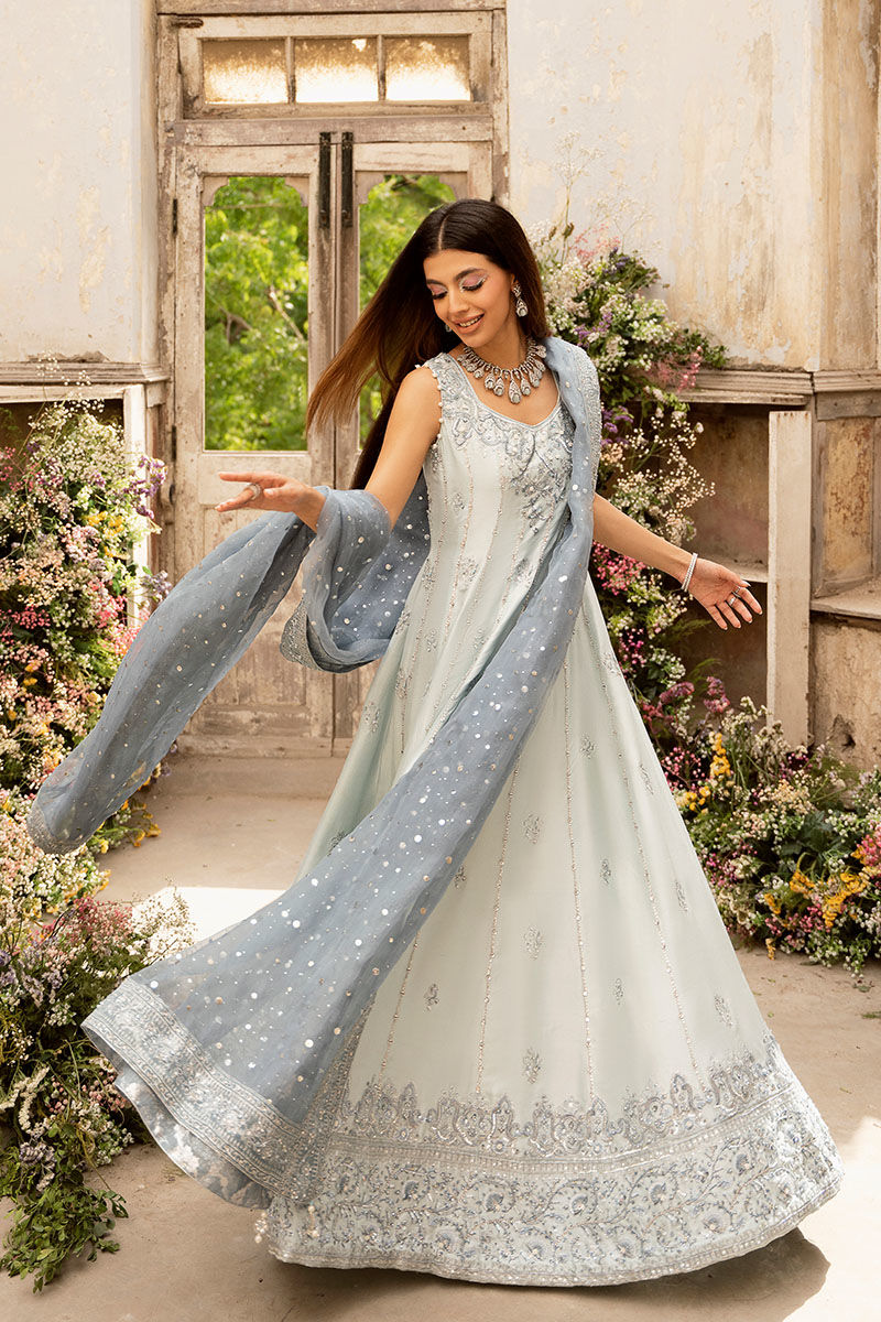 Pakistani Light Blue Embellished Raw Silk Kalidar (2-Piece) - Image 4