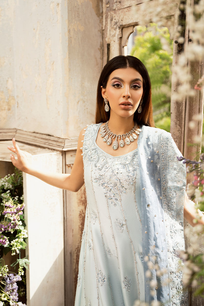 Pakistani Light Blue Embellished Raw Silk Kalidar (2-Piece) - Image 5