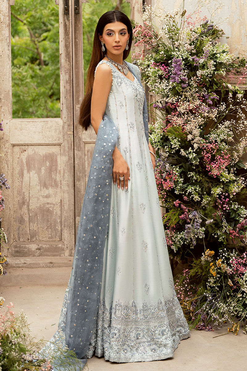 Pakistani Light Blue Embellished Raw Silk Kalidar (2-Piece) - Image 7