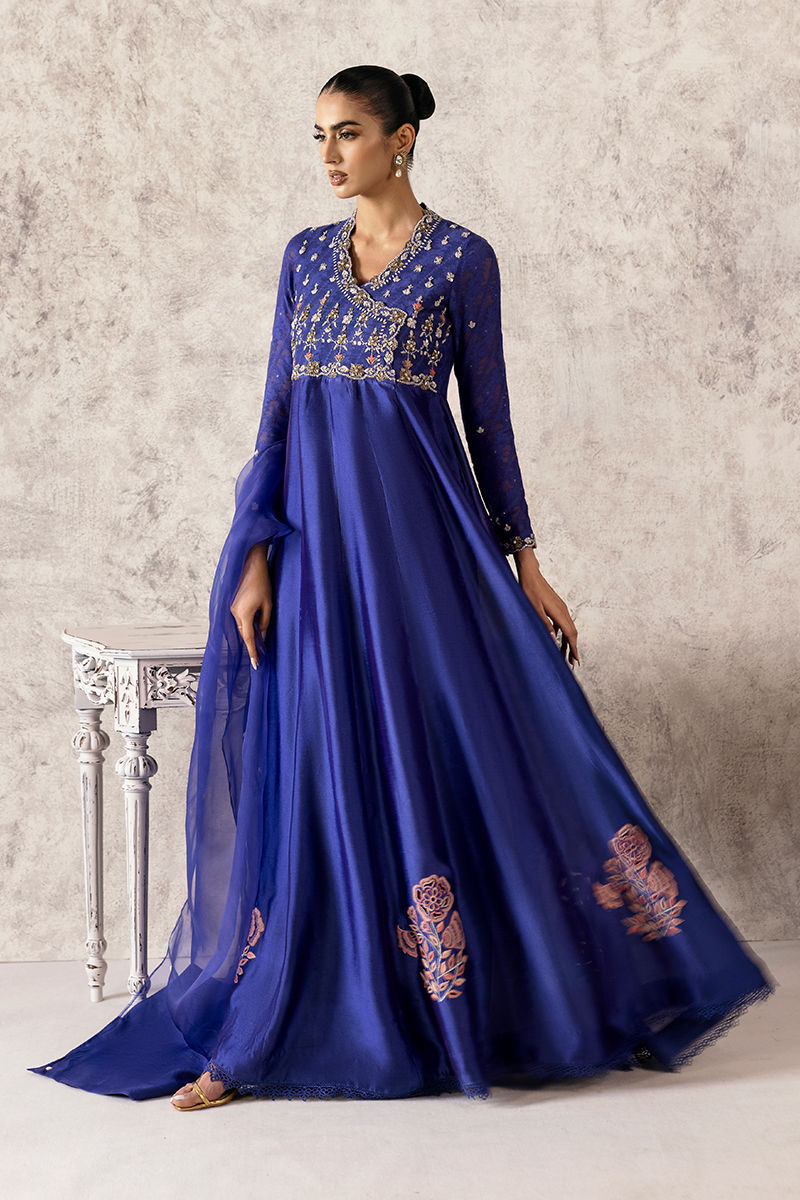 Dark Blue Hand-Embellished Sheesha Silk Kalidar (2-Piece) - Image 1
