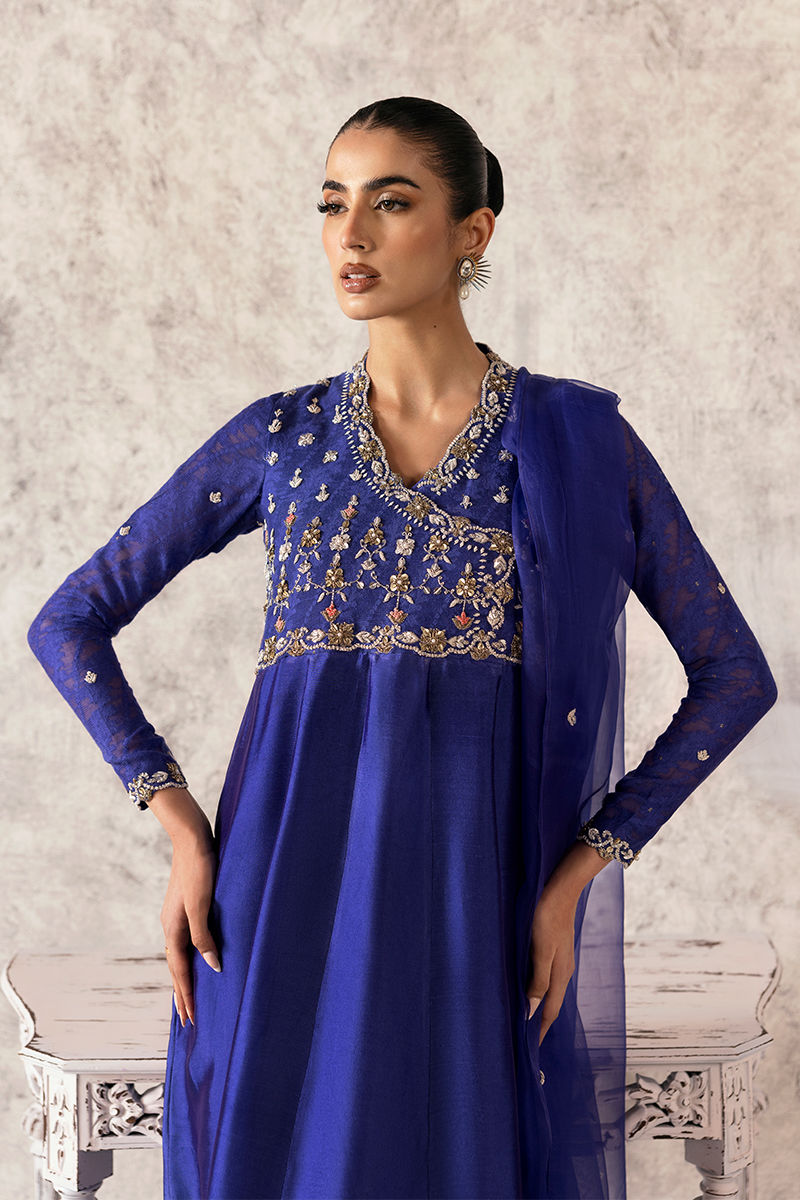 Dark Blue Hand-Embellished Sheesha Silk Kalidar (2-Piece) - Image 2