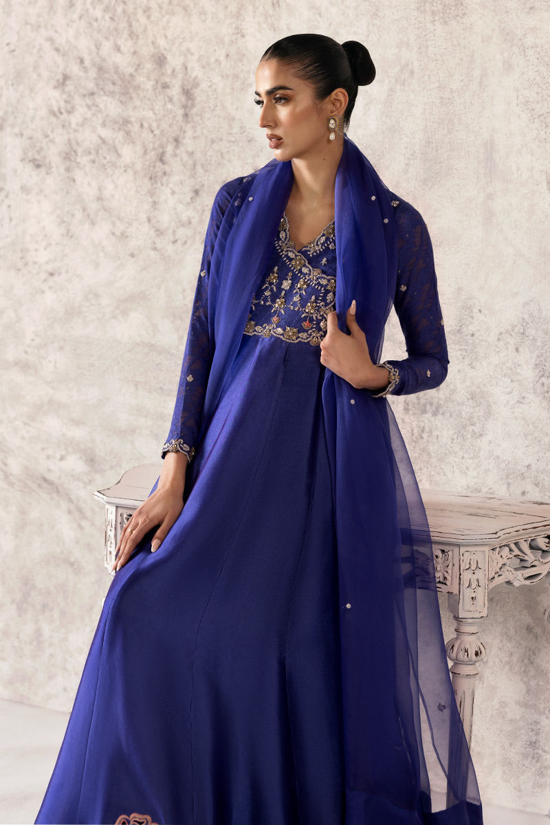 Dark Blue Hand-Embellished Sheesha Silk Kalidar (2-Piece) - Image 3