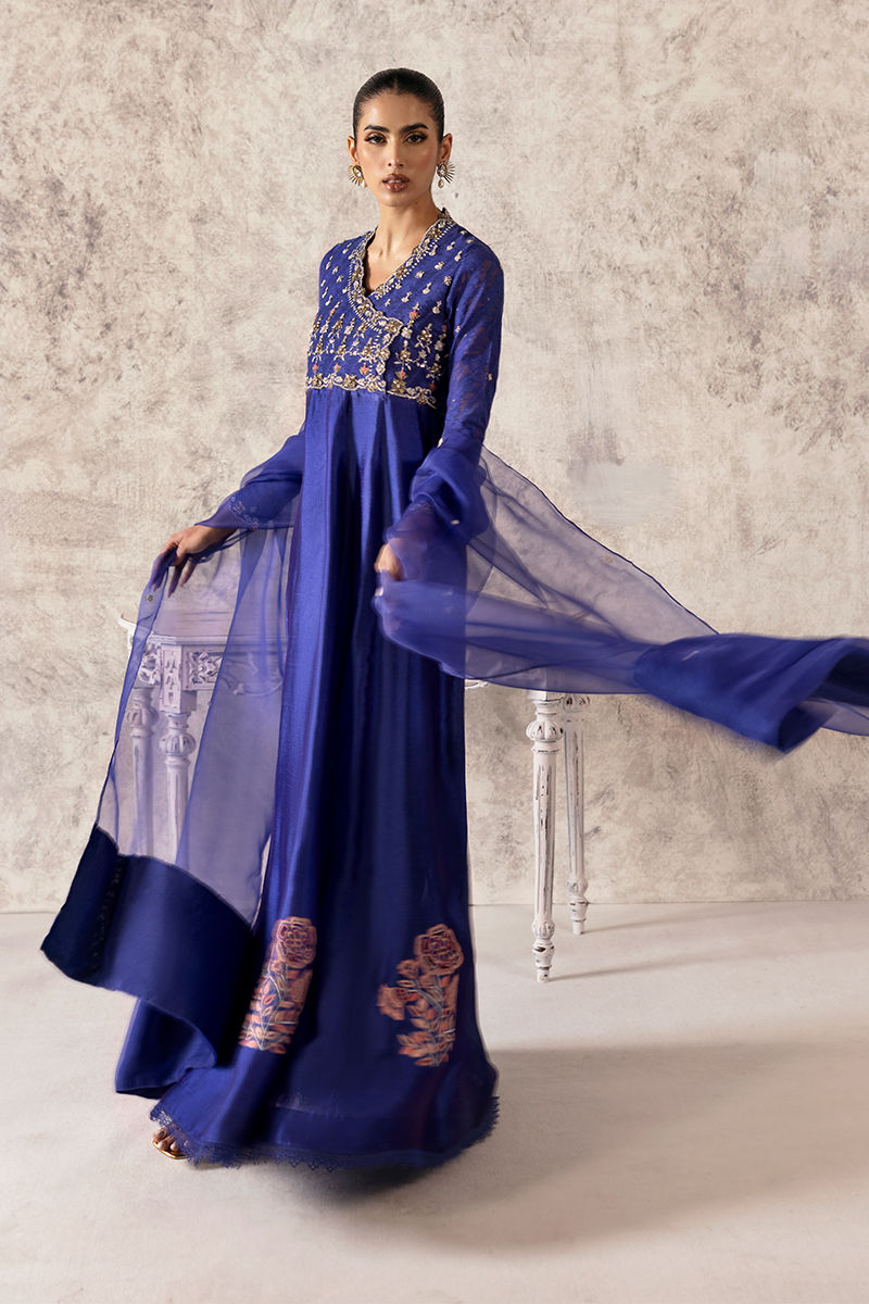 Dark Blue Hand-Embellished Sheesha Silk Kalidar (2-Piece) - Image 4