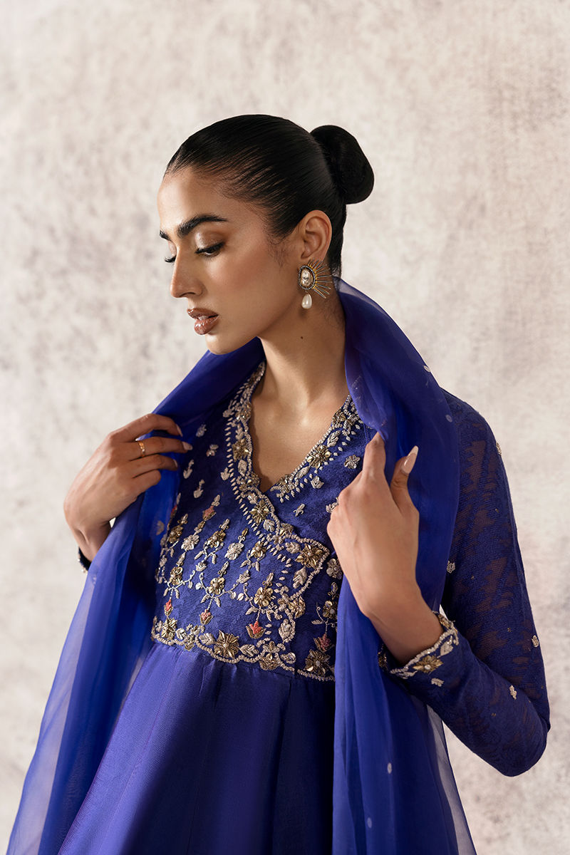 Dark Blue Hand-Embellished Sheesha Silk Kalidar (2-Piece) - Image 6