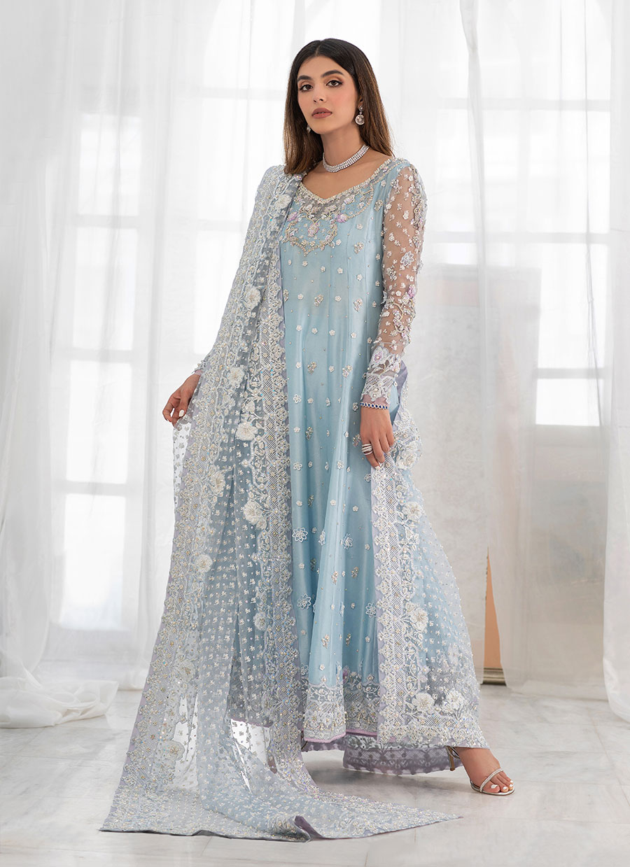 Pakistani Ice Blue Embellished Silk Kalidaar (2-Piece) - Image 1
