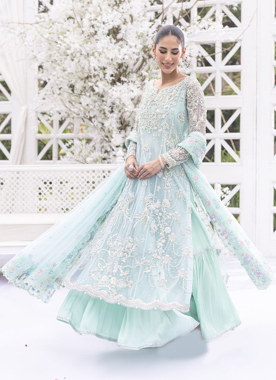Pakistani Aqua Embellished Tulle Kalidaar Dress (3-Piece) - Image 1