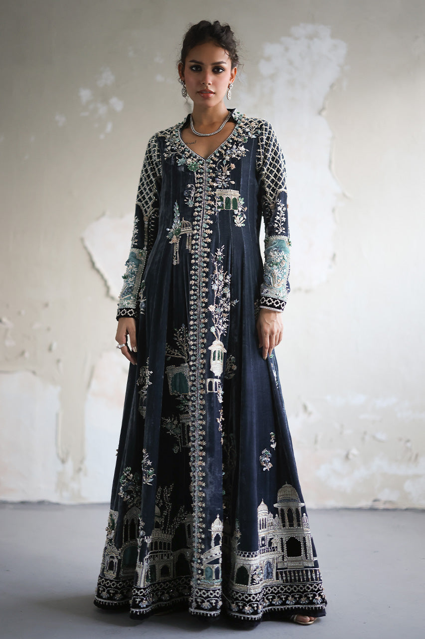 Dusk Blue Architectural Embroidered Velvet Kalidaar (2-Piece) - Image 1
