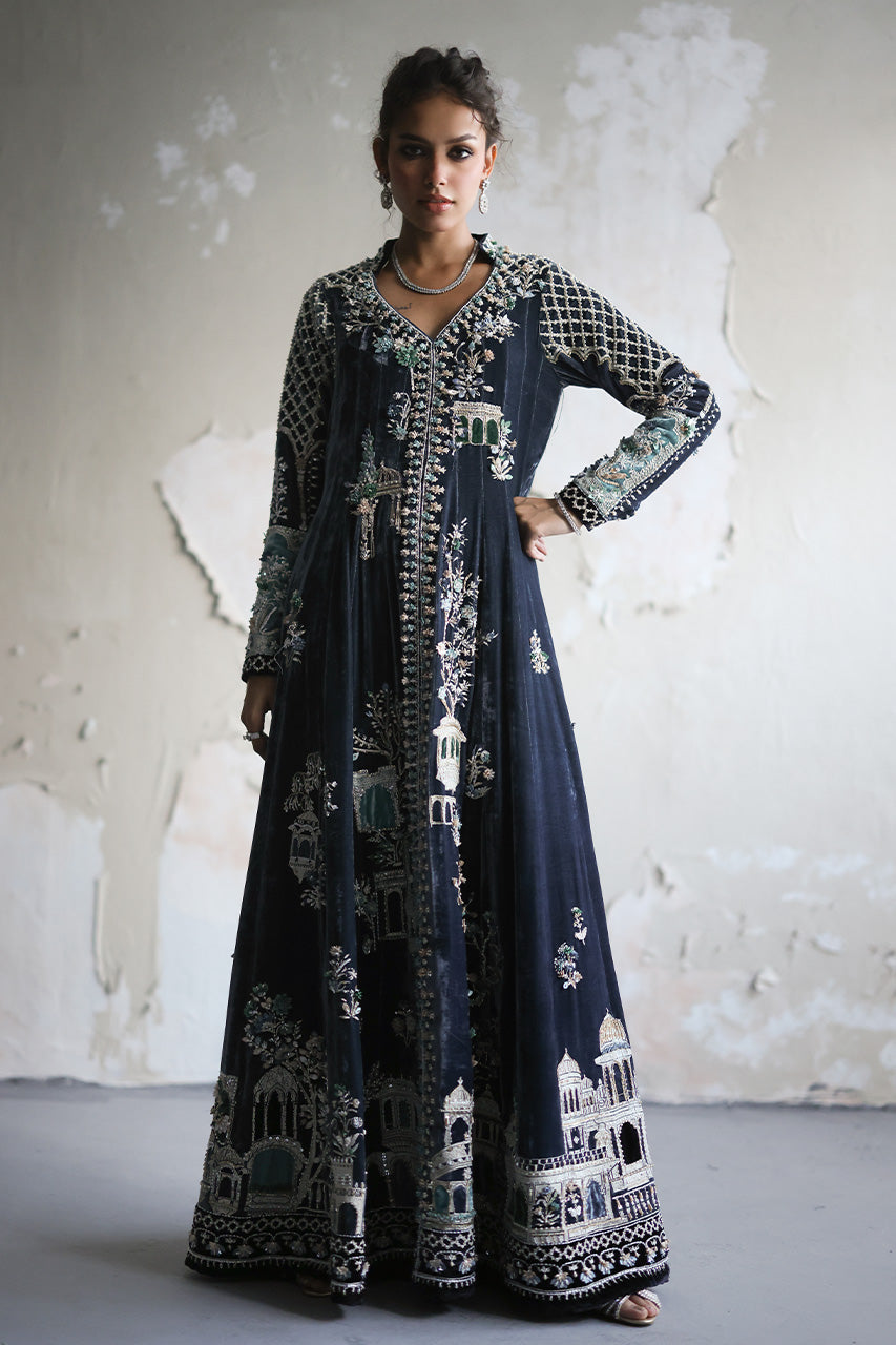 Dusk Blue Architectural Embroidered Velvet Kalidaar (2-Piece) - Image 4