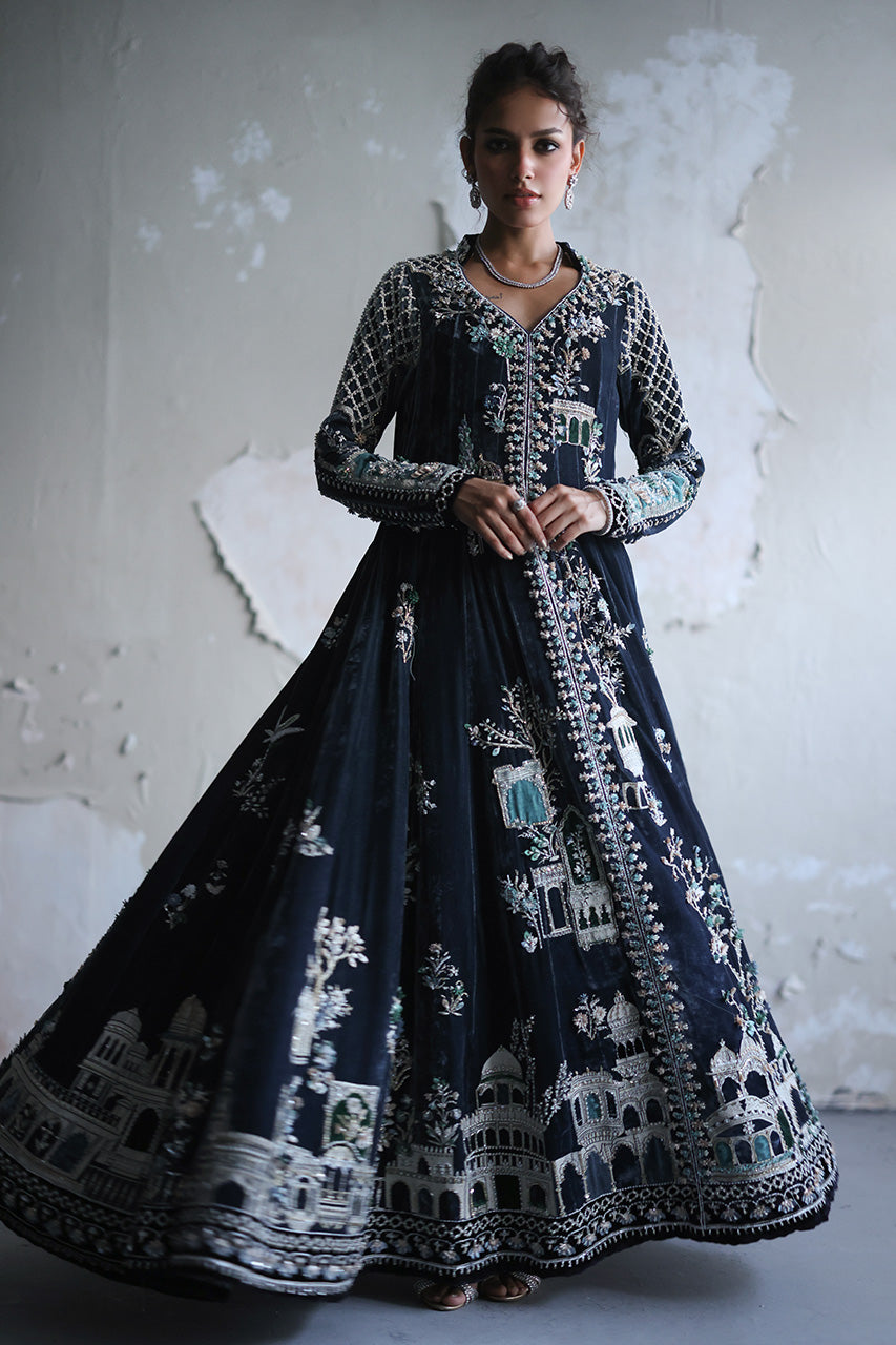 Dusk Blue Architectural Embroidered Velvet Kalidaar (2-Piece) - Image 6