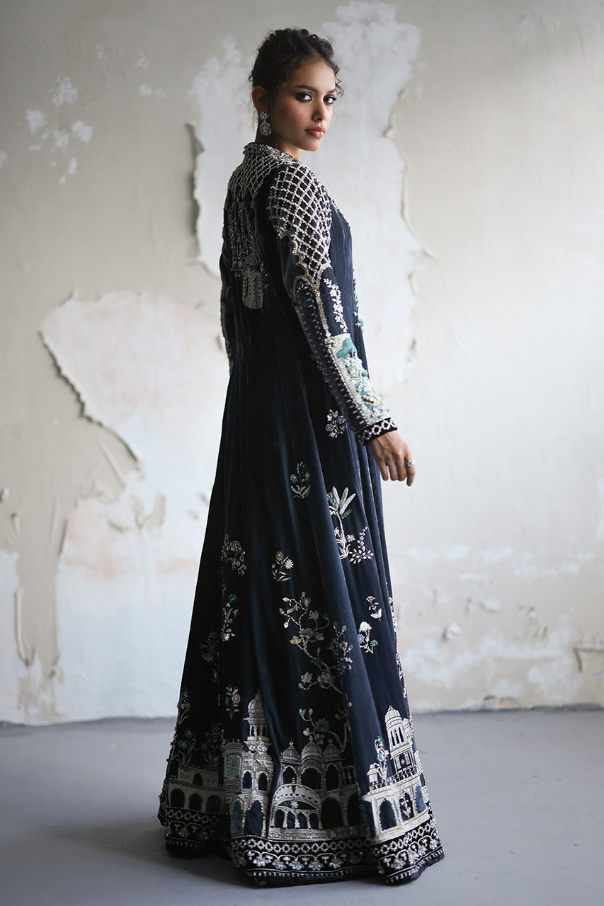 Dusk Blue Architectural Embroidered Velvet Kalidaar (2-Piece) - Image 7