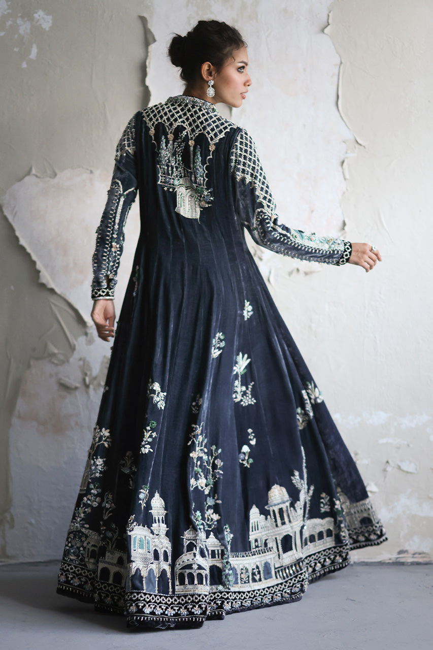 Dusk Blue Architectural Embroidered Velvet Kalidaar (2-Piece) - Image 8