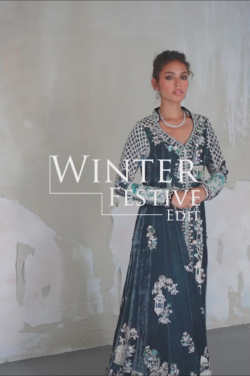 Dusk Blue Architectural Embroidered Velvet Kalidaar (2-Piece) - Image 9