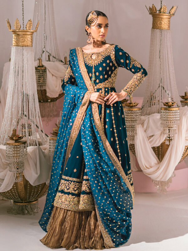 Deep Ocean Blue Embroidered Velvet Kalidaar (3-Piece) - Image 1