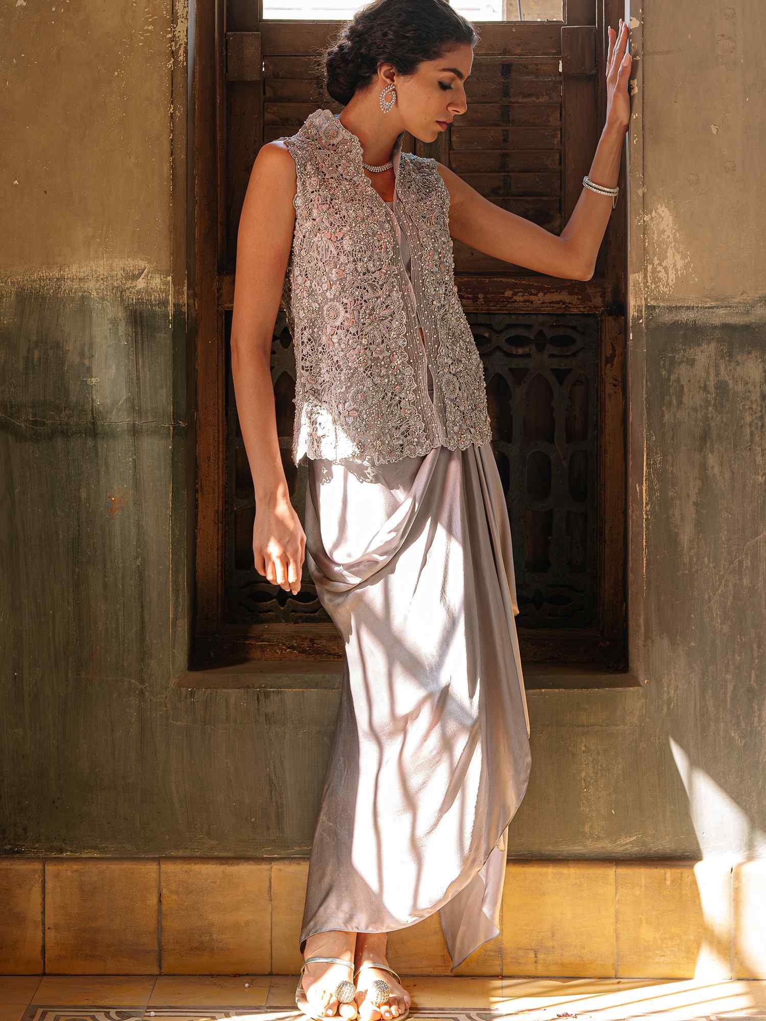 Misty Blue Floral Cutwork Organza Koti & Satin Silk Skirt (2-Piece) - Image 1