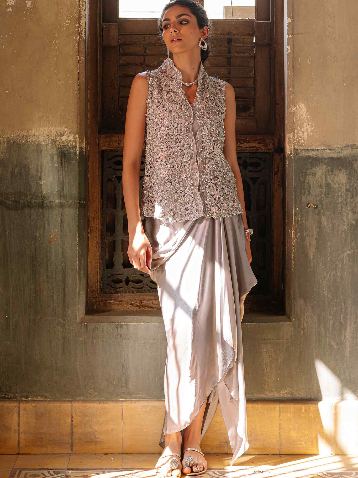 Misty Blue Floral Cutwork Organza Koti & Satin Silk Skirt (2-Piece) - Image 3