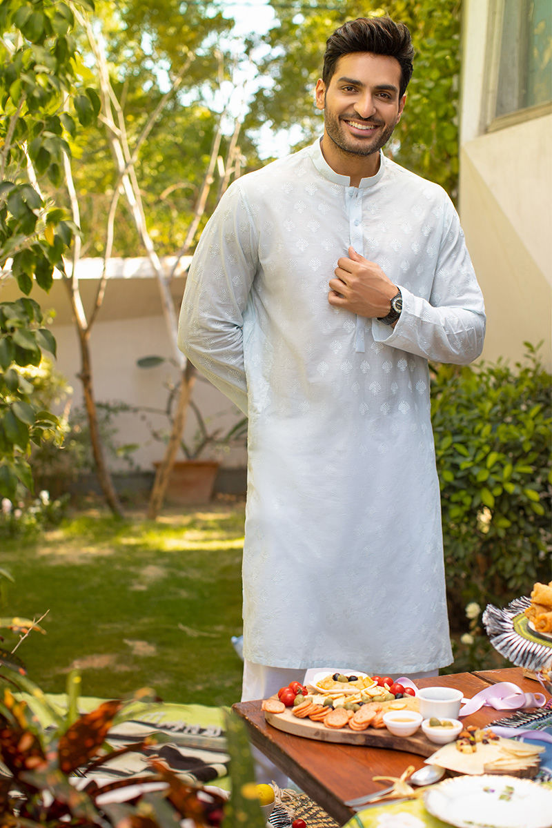 Sky Blue Chikan Embroidered Cotton Kurta (2-Piece) - Image 1