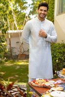 Sky Blue Chikan Embroidered Cotton Kurta (2-Piece) - Image 2