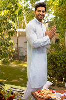 Sky Blue Chikan Embroidered Cotton Kurta (2-Piece) - Image 3