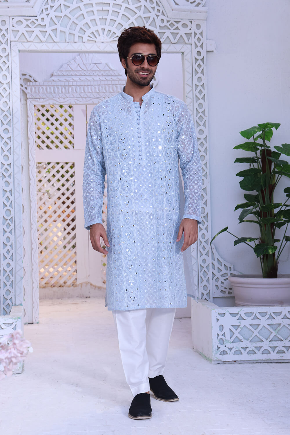 Baby Blue Chikankari Cotton Kurta (2-Piece) - Image 1