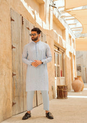 Sky Blue Embroidered Cotton Kurta Pajama (2-Piece) - Image 2