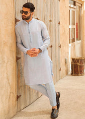 Sky Blue Embroidered Cotton Kurta Pajama (2-Piece) - Image 3