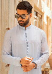 Sky Blue Embroidered Cotton Kurta Pajama (2-Piece) - Image 4