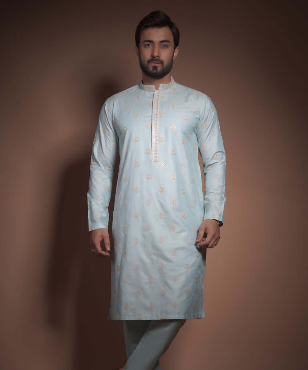 Powder Blue Thread Embroidered Cotton Silk Kurta Pyjama (2-Piece) - Image 1