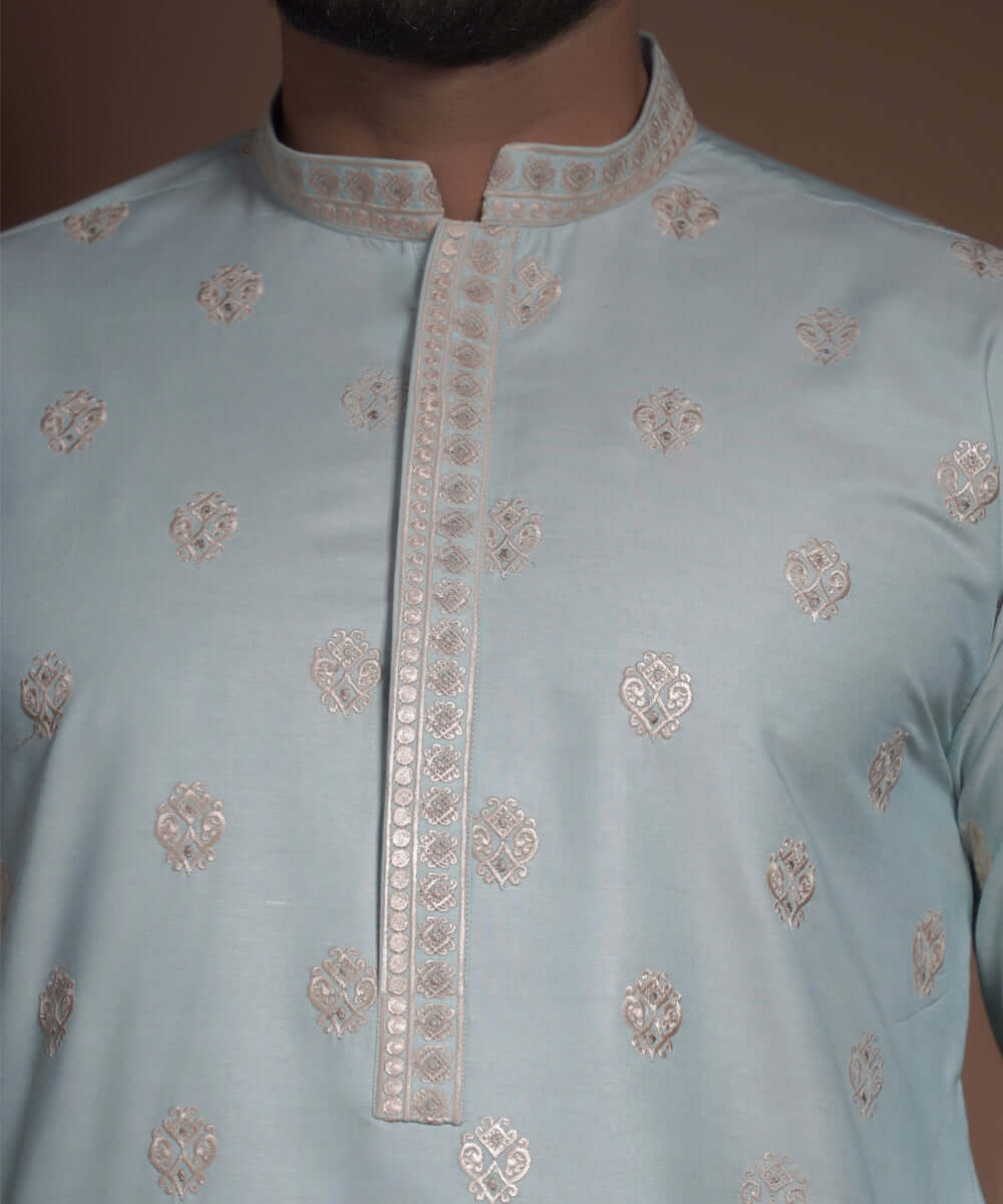 Powder Blue Thread Embroidered Cotton Silk Kurta Pyjama (2-Piece) - Image 2