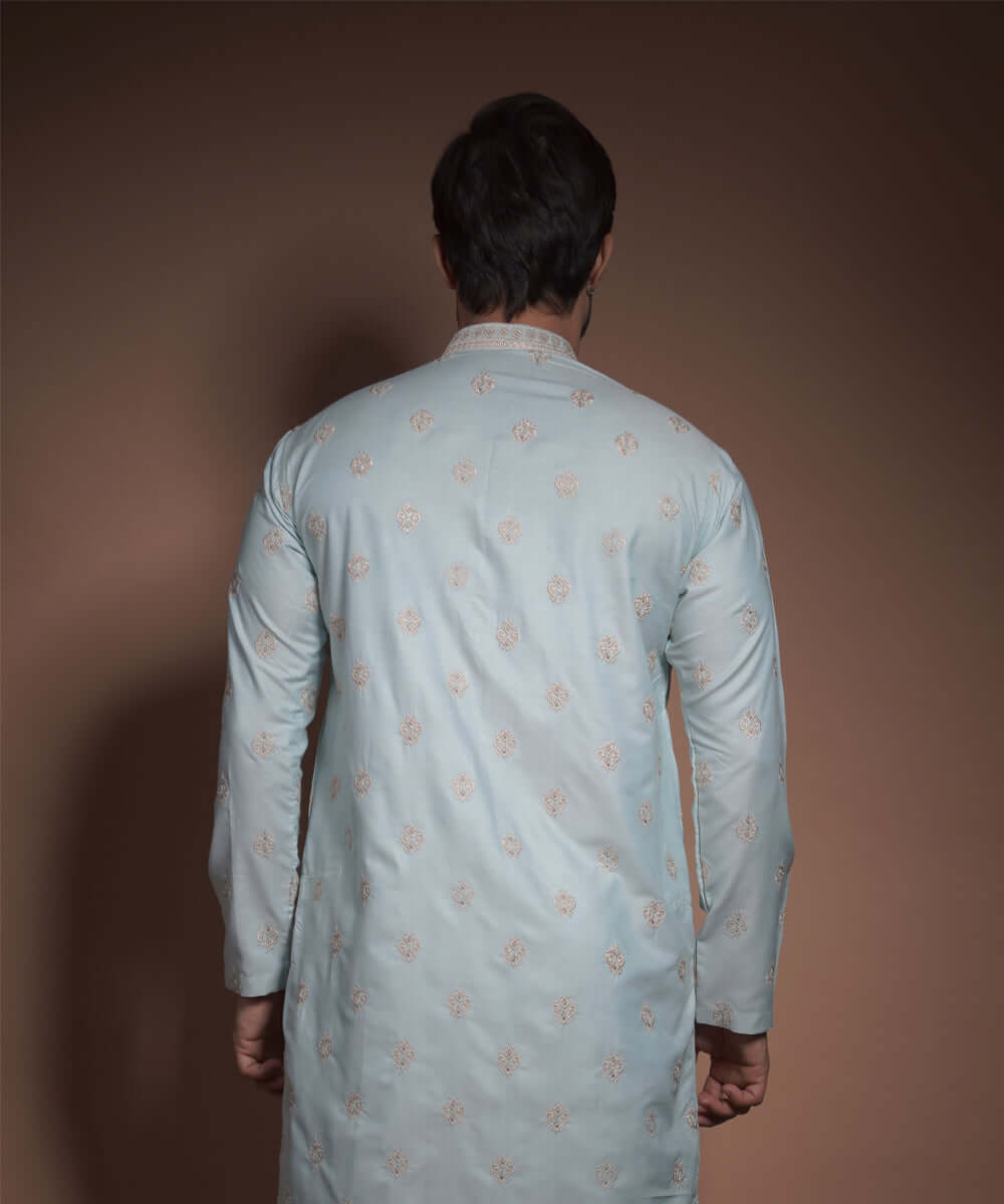 Powder Blue Thread Embroidered Cotton Silk Kurta Pyjama (2-Piece) - Image 3