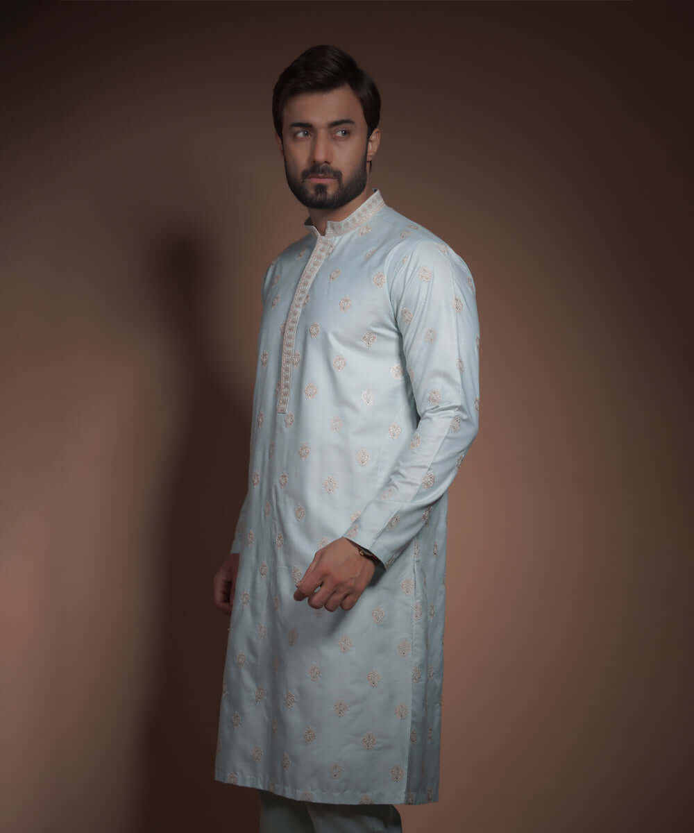 Powder Blue Thread Embroidered Cotton Silk Kurta Pyjama (2-Piece) - Image 4