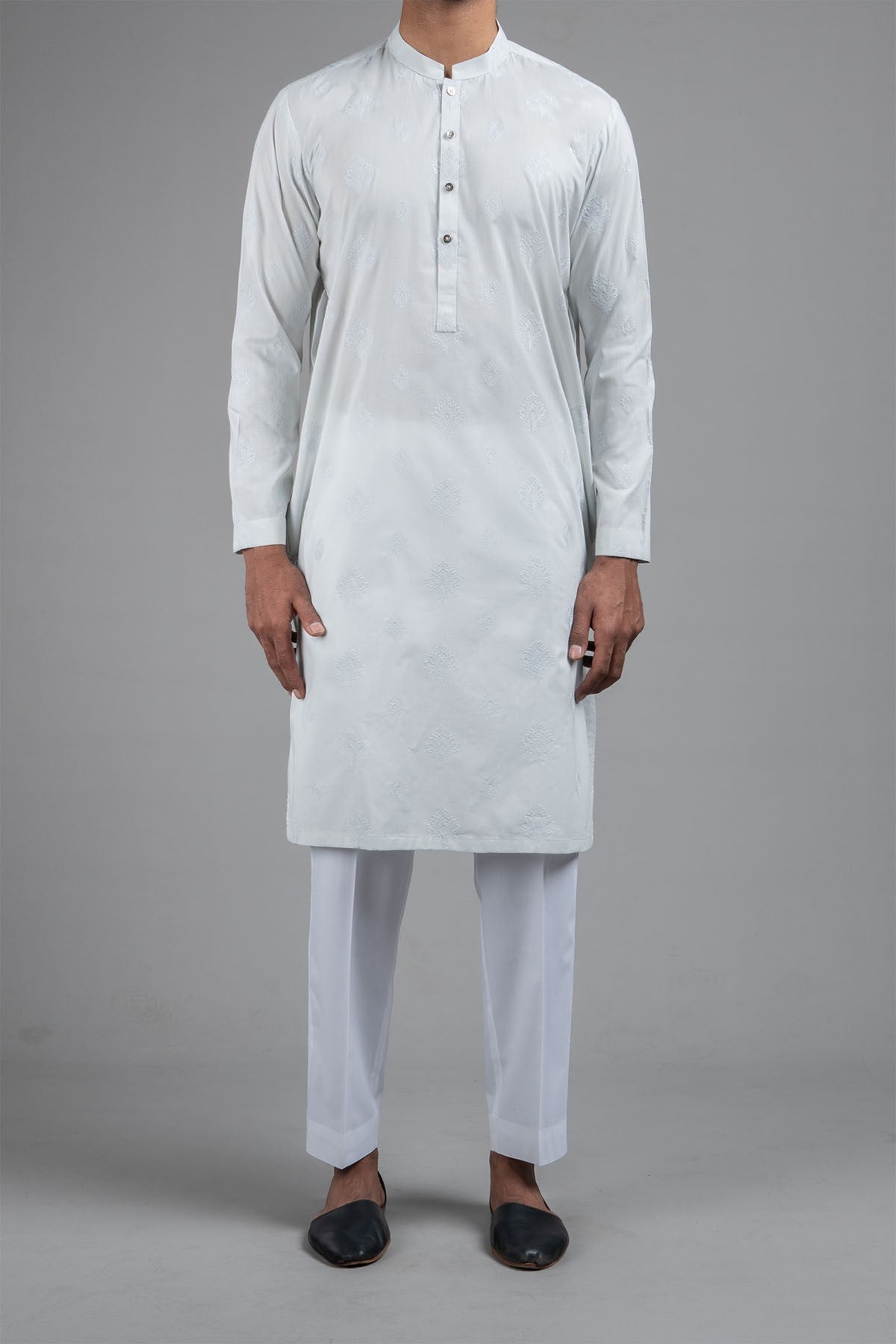 Sky Blue Embroidered Egyptian Cotton Kurta (1-Pc) - Image 1