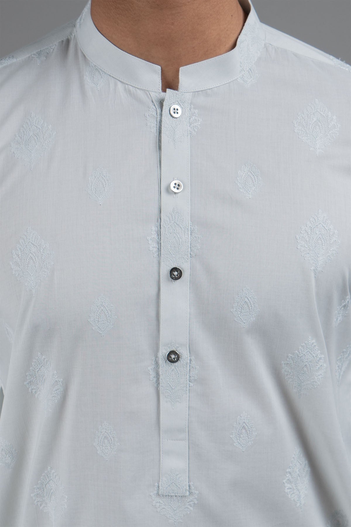 Sky Blue Embroidered Egyptian Cotton Kurta (1-Pc) - Image 2