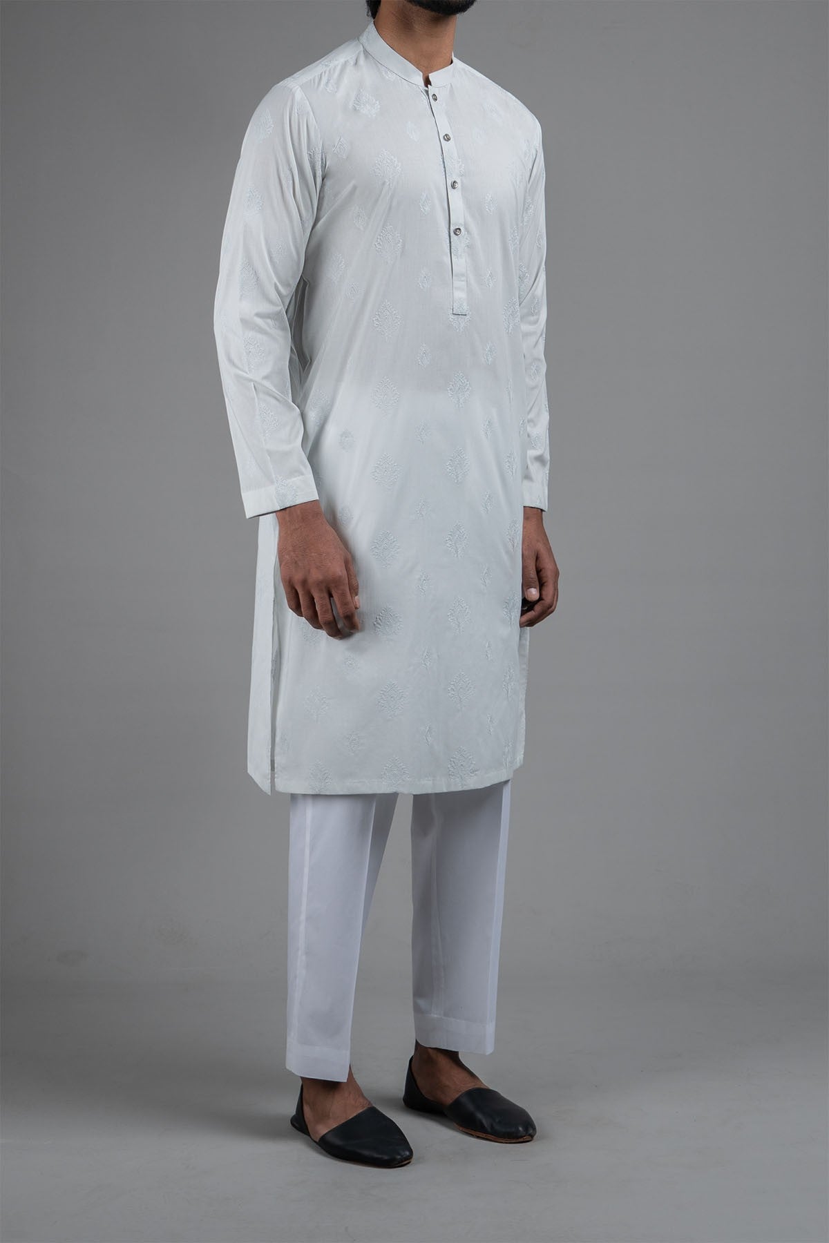 Sky Blue Embroidered Egyptian Cotton Kurta (1-Pc) - Image 3
