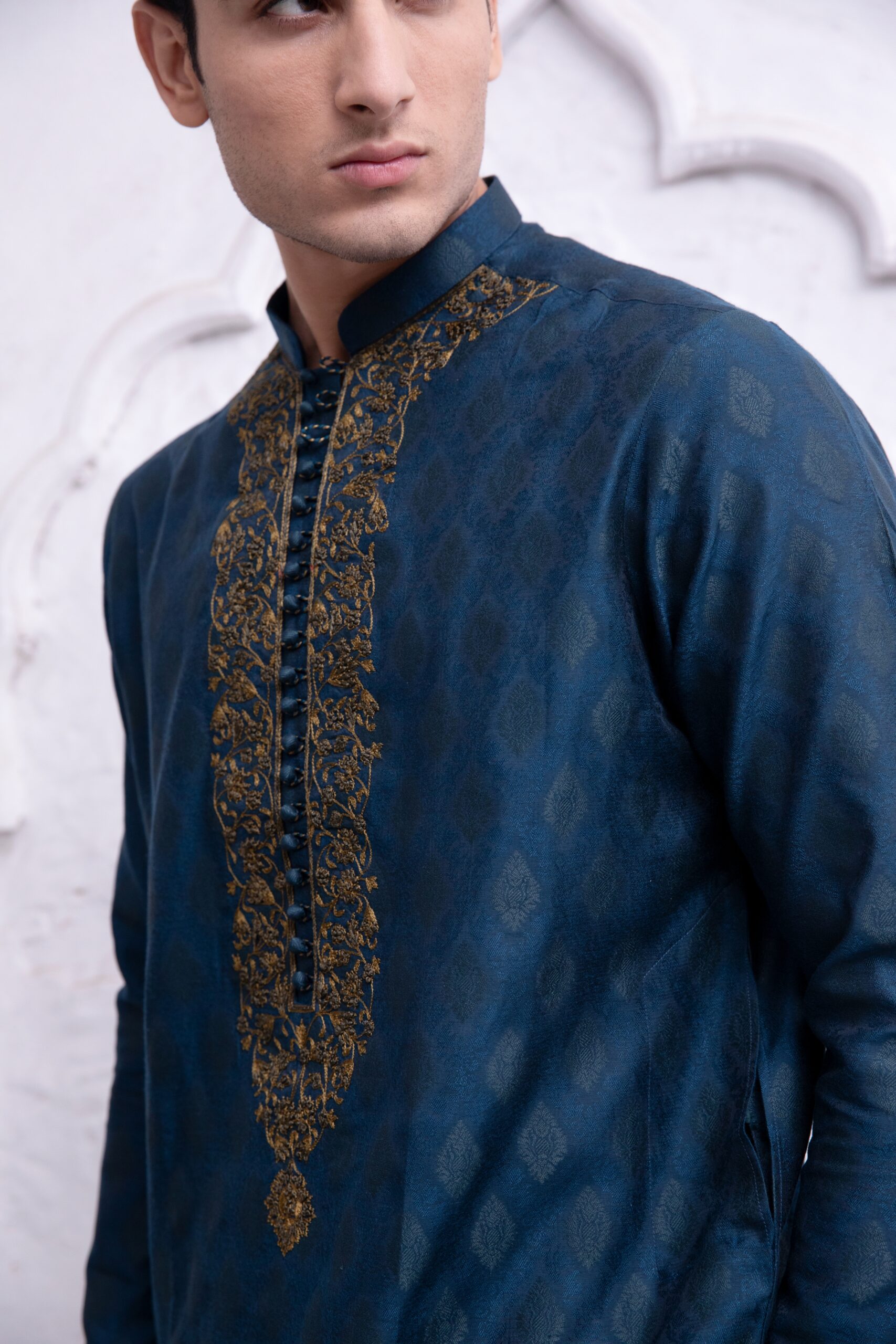 Deep Blue Jamawar Embroidered Kurta (1-Pc) - Image 2