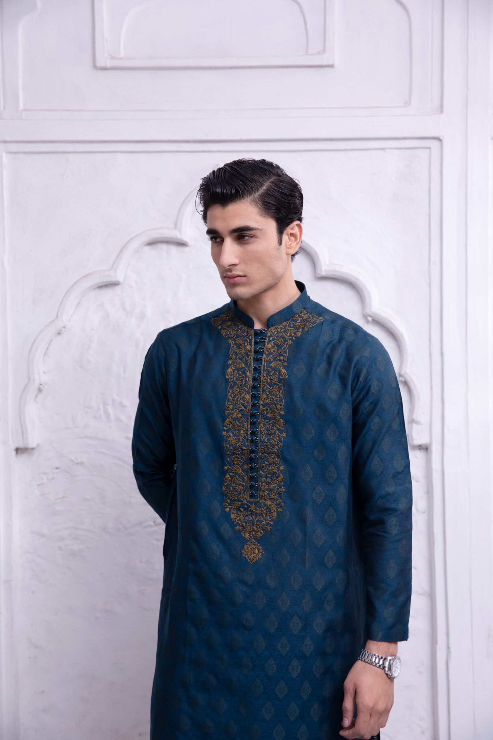 Deep Blue Jamawar Embroidered Kurta (1-Pc) - Image 3