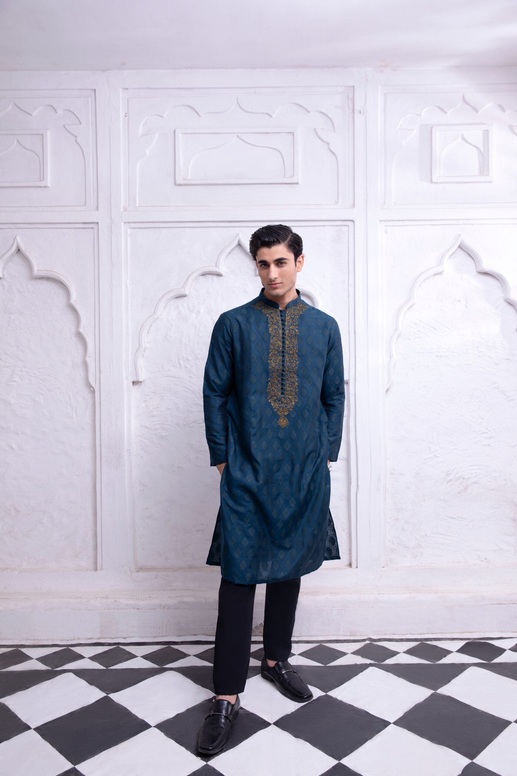 Deep Blue Jamawar Embroidered Kurta (1-Pc) - Image 4