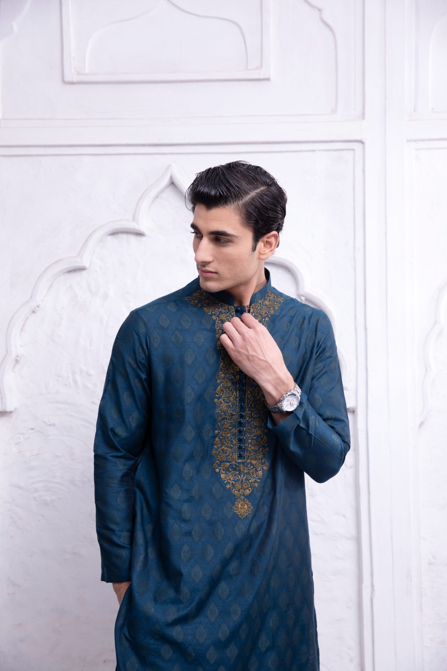Deep Blue Jamawar Embroidered Kurta (1-Pc) - Image 5