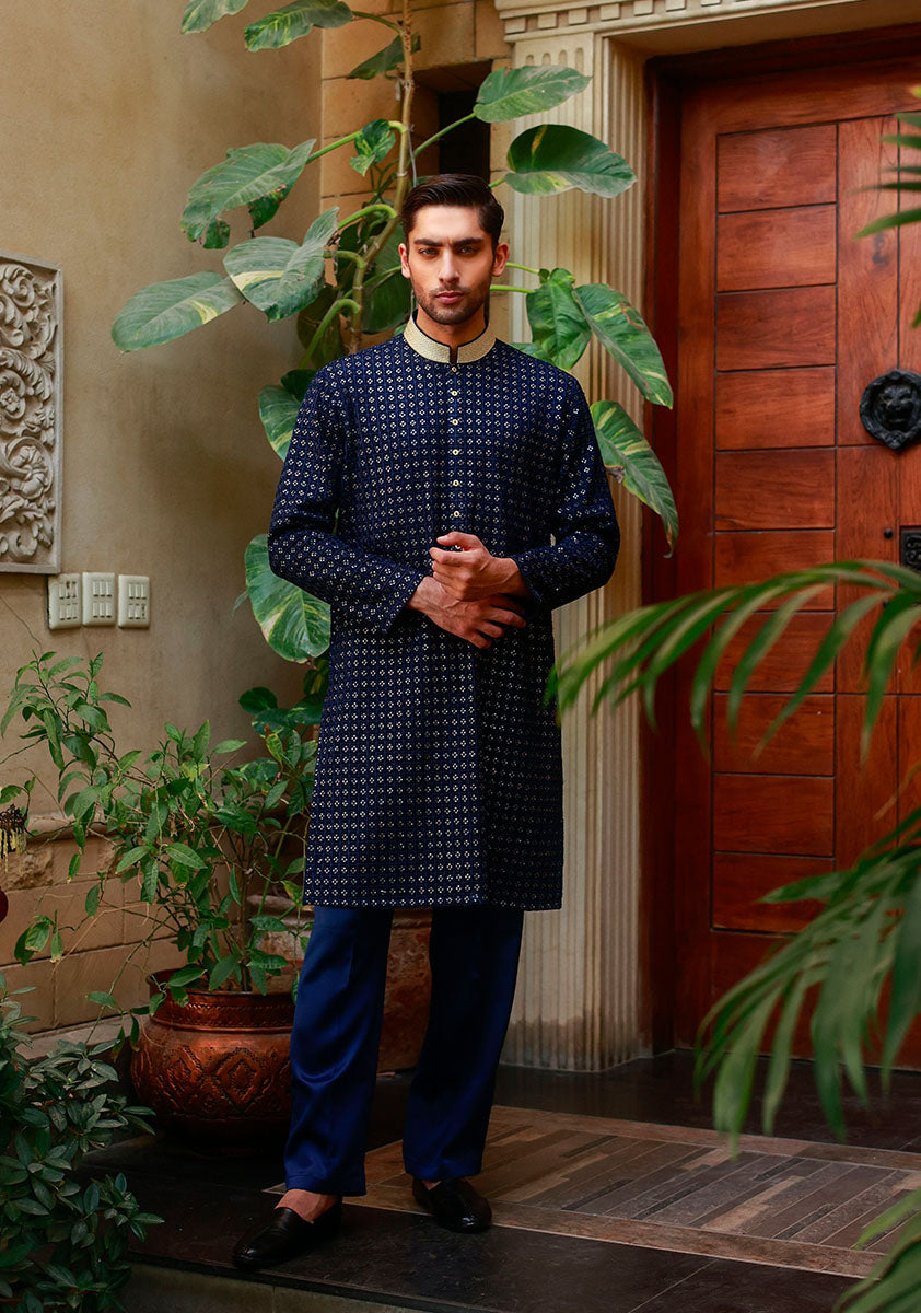 Dark Sapphire Chiffon Kurta Pajama (2-Piece) - Image 1