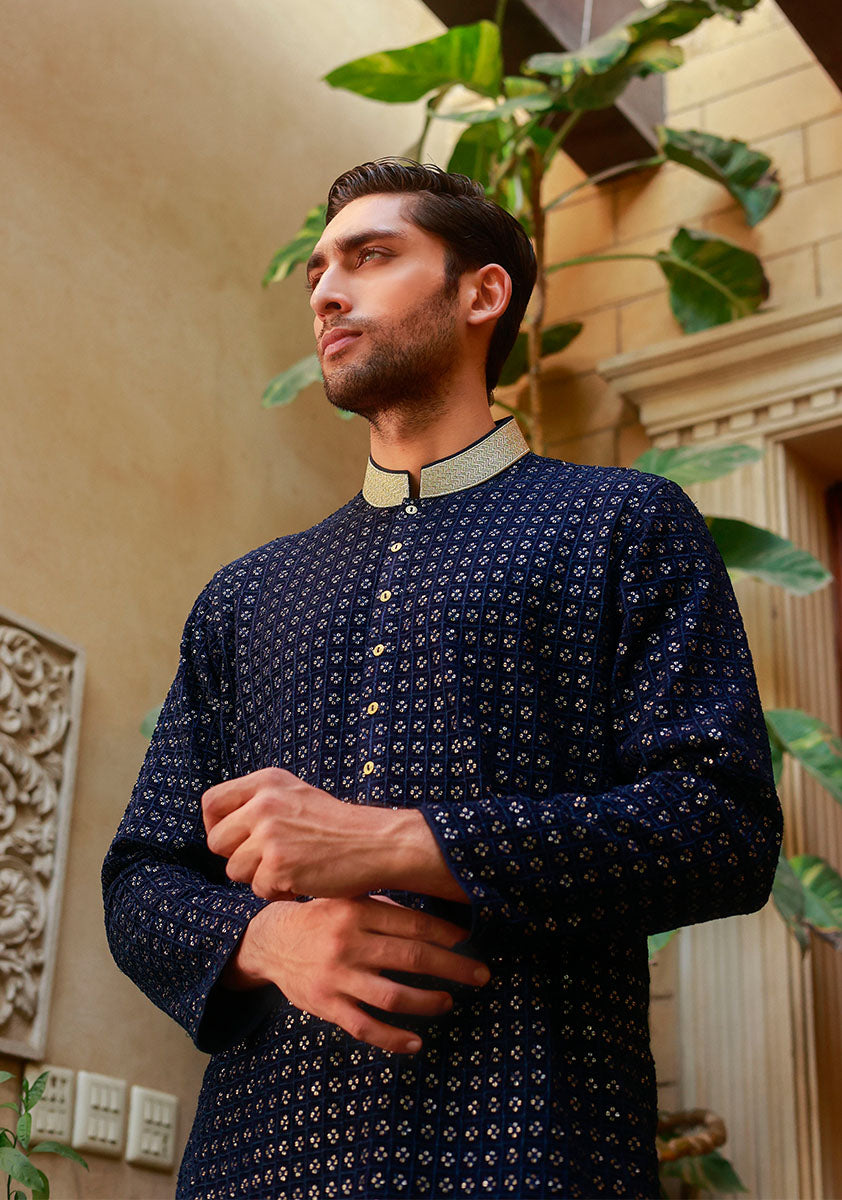 Dark Sapphire Chiffon Kurta Pajama (2-Piece) - Image 2