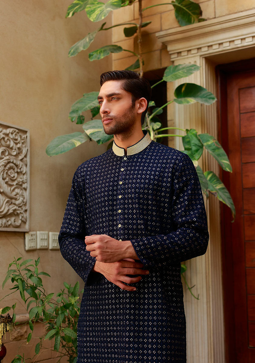 Dark Sapphire Chiffon Kurta Pajama (2-Piece) - Image 3