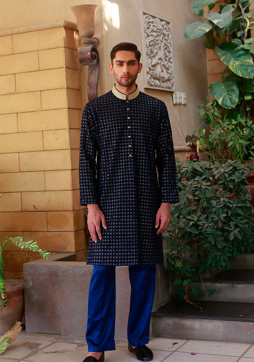 Dark Sapphire Chiffon Kurta Pajama (2-Piece) - Image 4