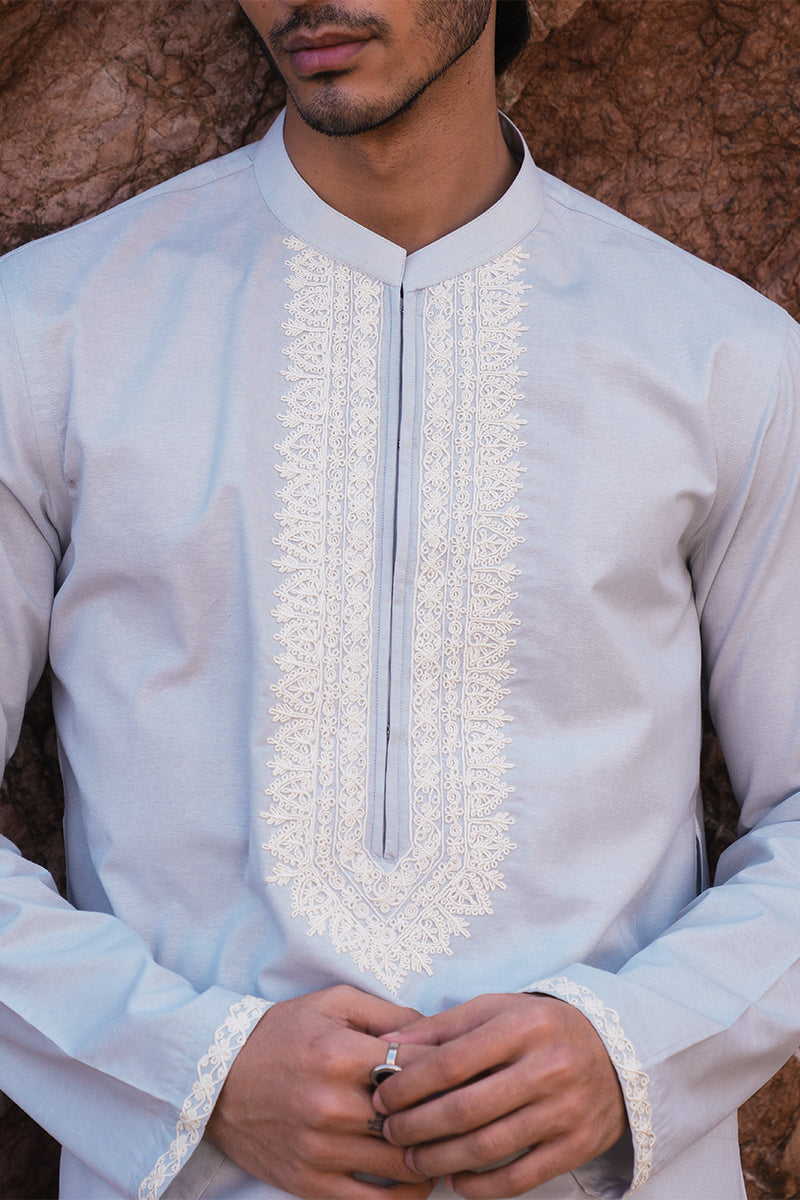 Soft Blue Dori Embroidered Cotton Kurta Pajama (2-Piece) - Image 1