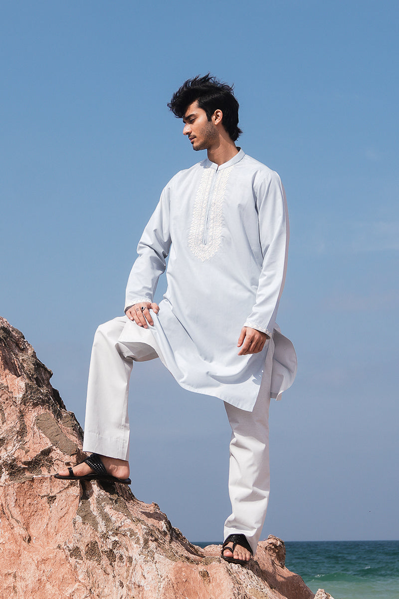 Soft Blue Dori Embroidered Cotton Kurta Pajama (2-Piece) - Image 2