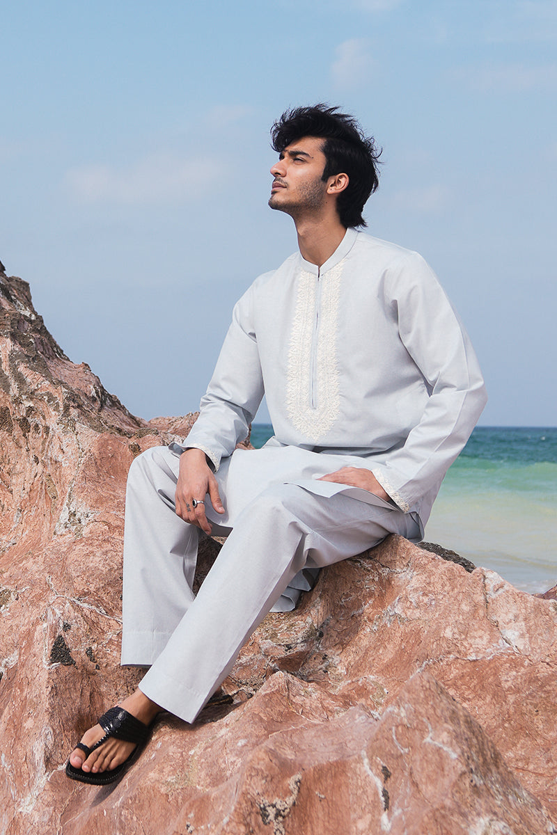 Soft Blue Dori Embroidered Cotton Kurta Pajama (2-Piece) - Image 3