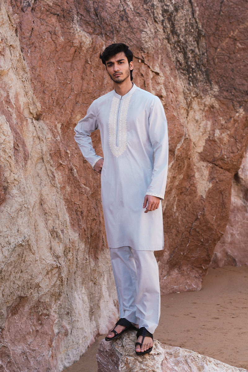 Soft Blue Dori Embroidered Cotton Kurta Pajama (2-Piece) - Image 6