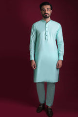 Powder Blue Cotton-Silk Kurta Pajama (2-Piece) - Image 2