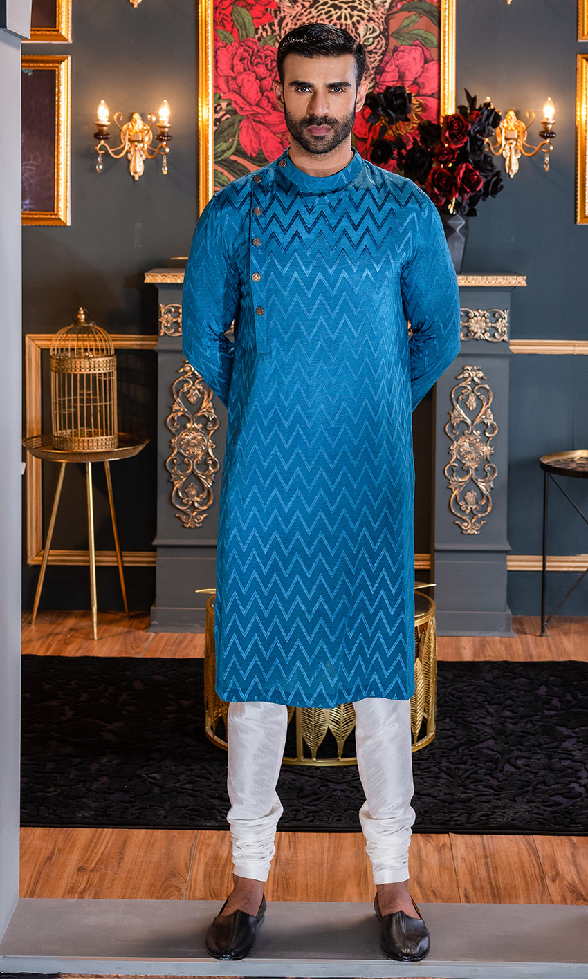 Blue Jacquard Kurta Pajama Set (2-Piece) - Image 1